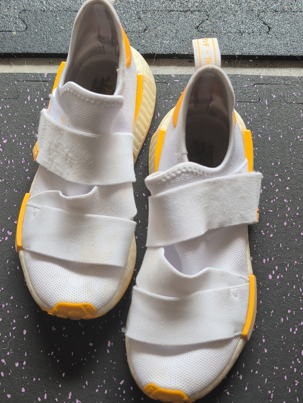 adidas White and Yellow Slip-On Athletic Sneakers